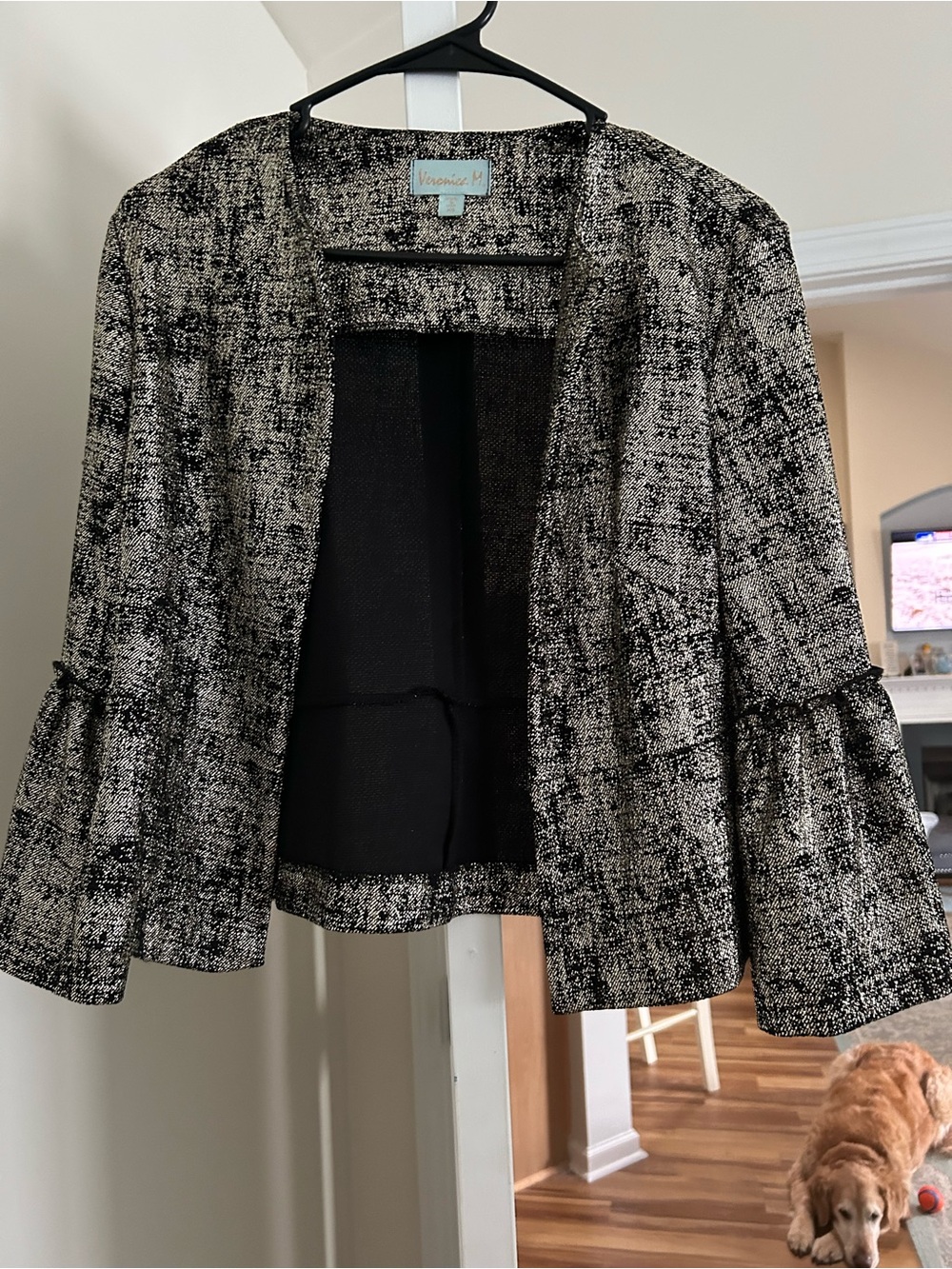 Veronica M Black and White Textured Open-Front Bell Sleeve Jacket